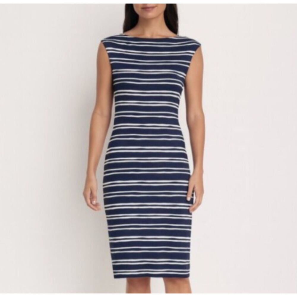 Tory Burch Navy White Striped Silk Dress Size Small Sleeveless Classic Shift